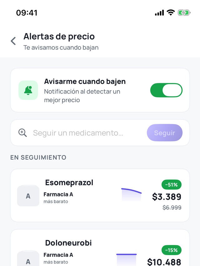 Pantalla de alertas de precio de Nura: medicamentos seguidos con su baja de precio.