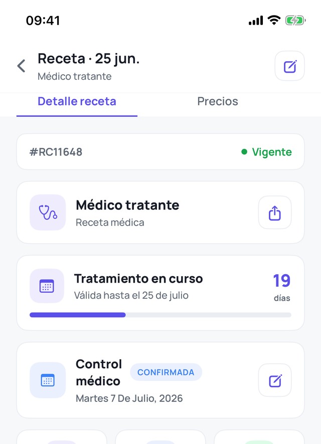 Pantalla de Nura con la receta digitalizada: tratamiento en curso y lista de medicamentos.