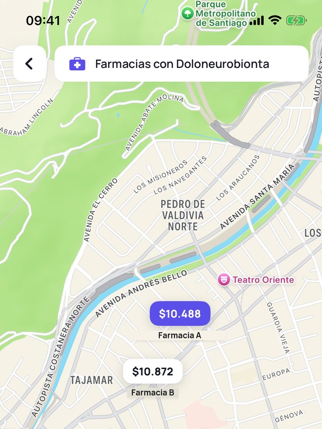 Pantalla de mapa de Nura: farmacias cercanas con su precio y cómo llegar.
